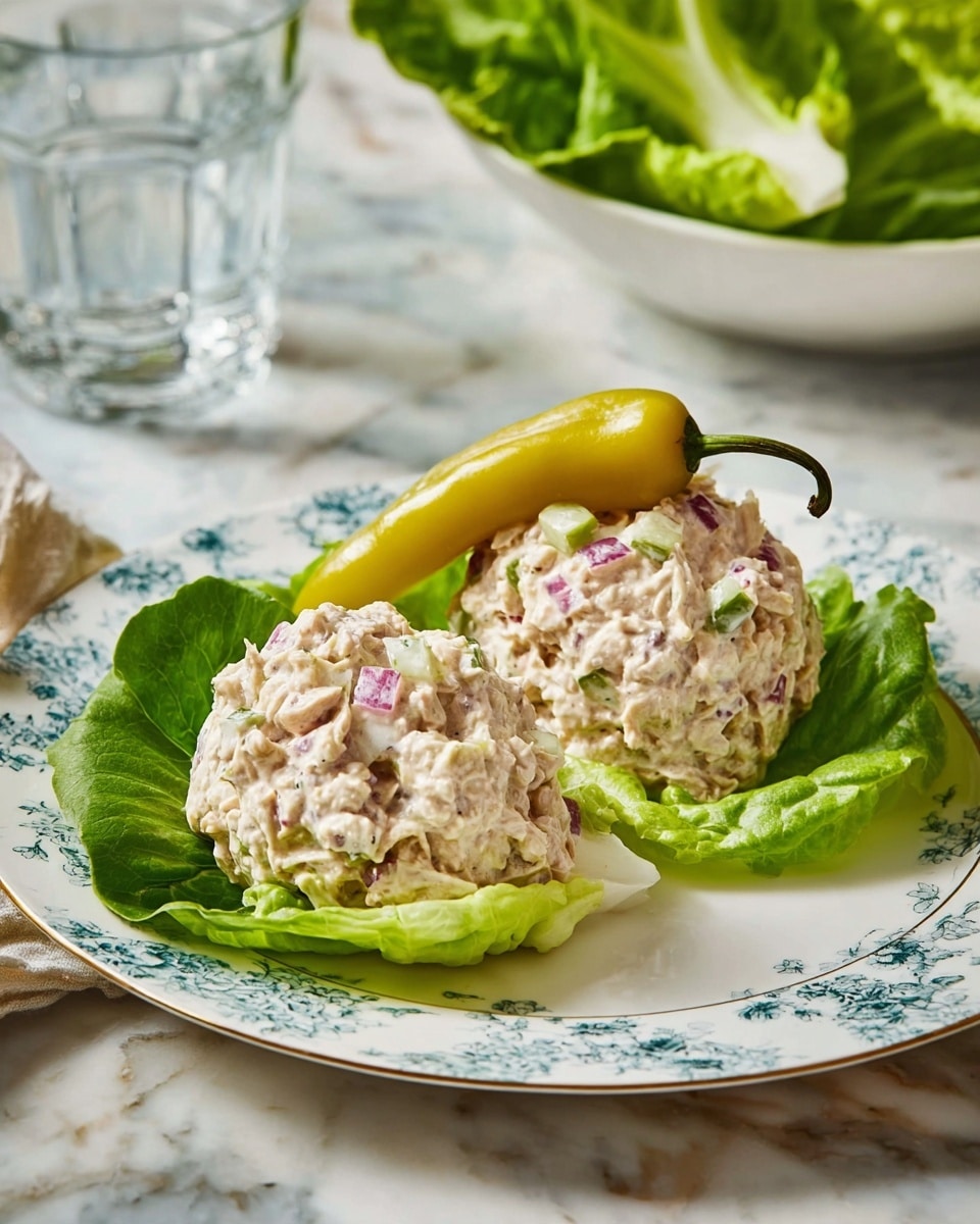 The dish shows two scoops of creamy tuna salad with small pieces of red onion and pickle mixed in, making the texture look chunky and soft. The tuna salad rests on a large, fresh, bright green lettuce leaf, which covers a white plate with a delicate blue floral pattern. On top of the tuna salad, a whole yellow-green pepper with its stem is placed. The plate sits on a white marbled surface, and in the background, there is a white bowl filled with more green lettuce leaves and a clear glass of water. Photo taken with an iphone --ar 4:5 --v 7