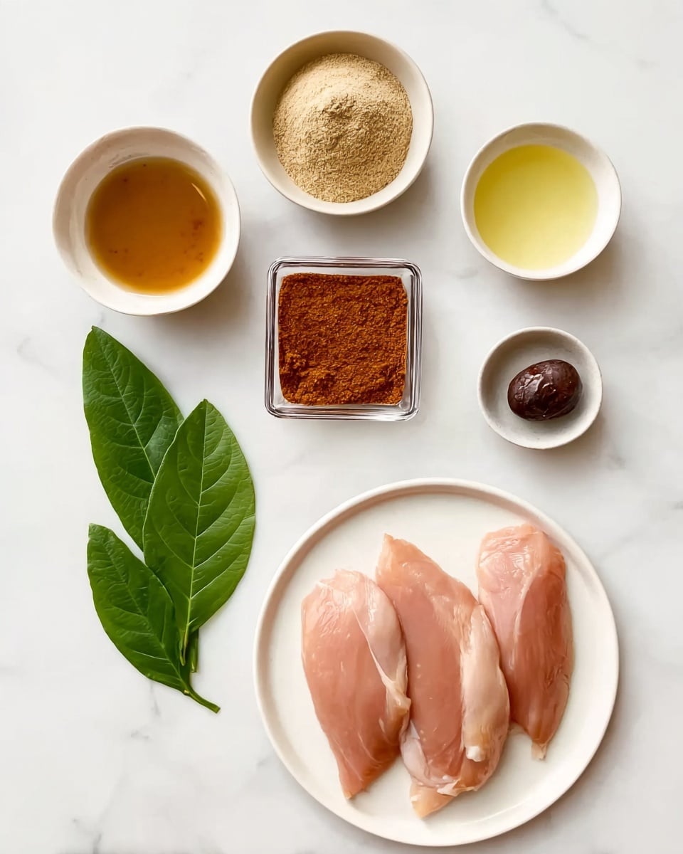 The image shows four raw pink chicken fillets placed on a white plate at the bottom right. Above them, there is a small white bowl with a beige powdery spice mix, a square clear container filled with reddish-brown spice powder, and a few fresh green leaves laid out vertically in the center. To the top left, there is a small white bowl with light brown liquid, and next to it on the right, another white bowl contains a small dark brown fruit or nut. Below that on the left side, there is a white bowl filled with pale yellow liquid, and to its right, another small white bowl contains a lighter yellowish liquid. All items are arranged neatly on a white marbled surface. Photo taken with an iphone --ar 4:5 --v 7