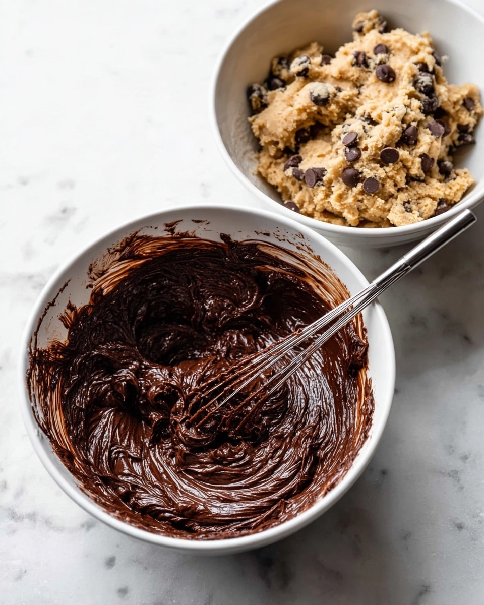 Two white bowls sit side by side on a white marbled surface. The front bowl contains thick, rich chocolate batter with a glossy texture, swirled with a metal whisk resting inside, and some small chocolate pieces visible. The back bowl holds a lighter-colored, chunky cookie dough speckled with chocolate chips. Both mixtures have dense, textured appearances with a homemade feel. Photo taken with an iphone --ar 4:5 --v 7