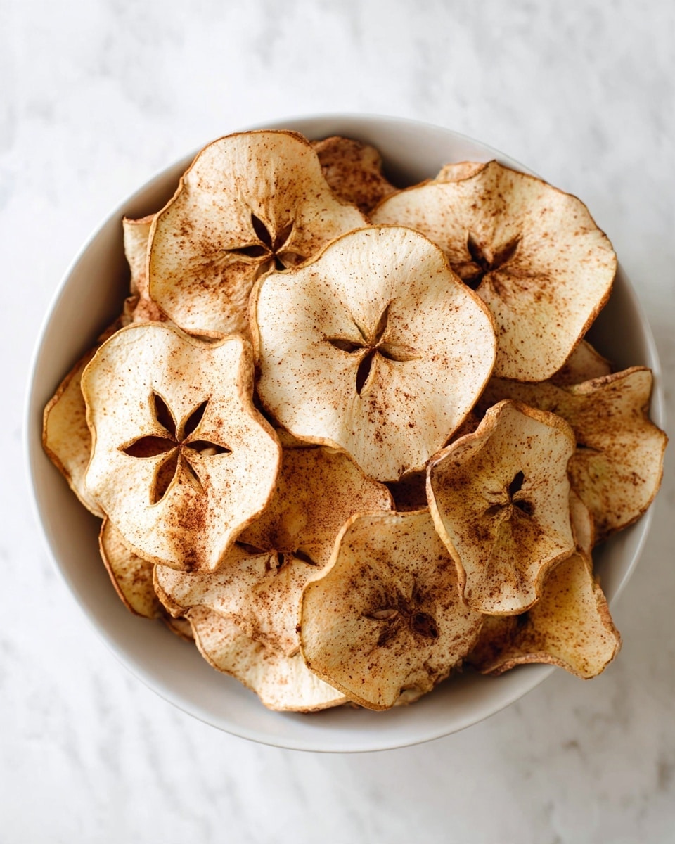 A white bowl filled with many apple chips, each slice thin and dried with a light beige color and soft brown cinnamon powder sprinkled all over. The apple chips show a star-shaped pattern in the center where seeds were removed, and the edges are slightly curled and browned. The bowl sits on a white marbled surface. photo taken with an iphone --ar 4:5 --v 7