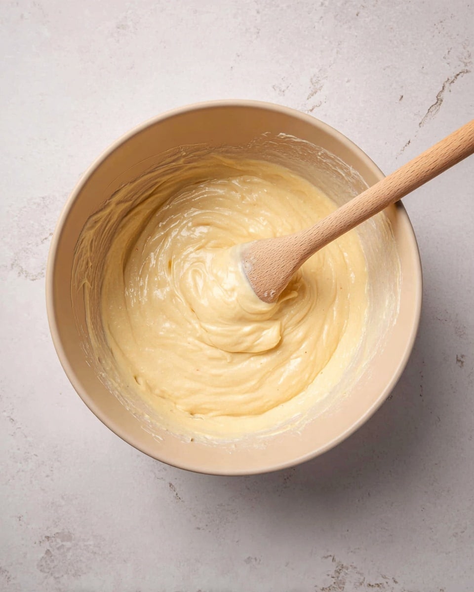 A beige mixing bowl filled with a creamy, pale yellow batter that looks smooth and thick. A light wooden spoon with a long handle rests inside, partially covered by the batter, swirling it gently. The bowl sits on a white marbled surface with soft grey veining, giving a clean and bright background. Photo taken with an iphone --ar 4:5 --v 7