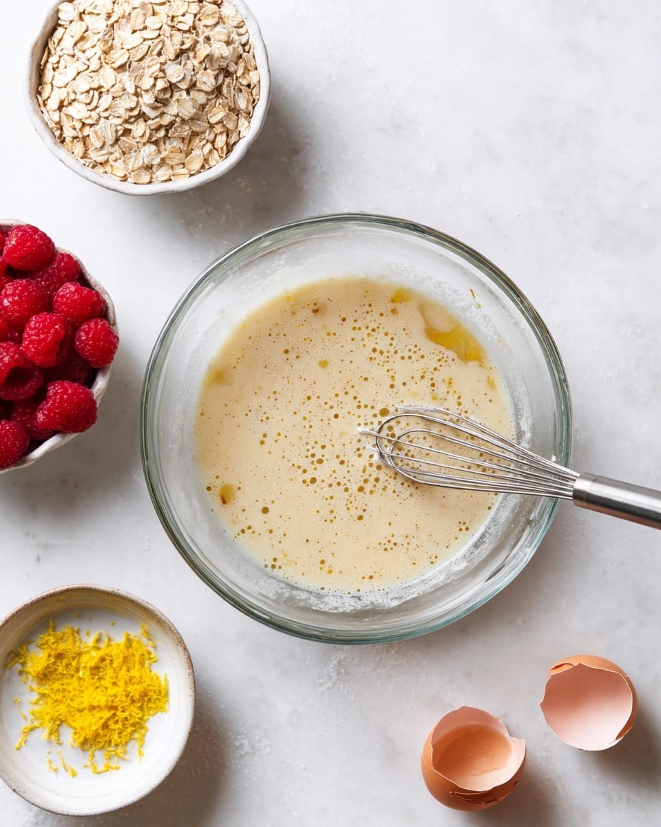 A clear glass bowl sits in the center on a white marbled surface, filled with a creamy, light beige liquid mixture with small bubbles on top, gently stirred by a metal whisk with a silver handle resting inside. To the left, there are three smaller containers: the top one filled with light tan rolled oats, the middle one holding bright red raspberries, and the bottom white small plate with bright yellow lemon zest. On the right side, two light brown egg shells are placed near the edge of the frame. The scene is bright and clean, showing simple baking ingredients prepared for mixing photo taken with an iphone --ar 4:5 --v 7