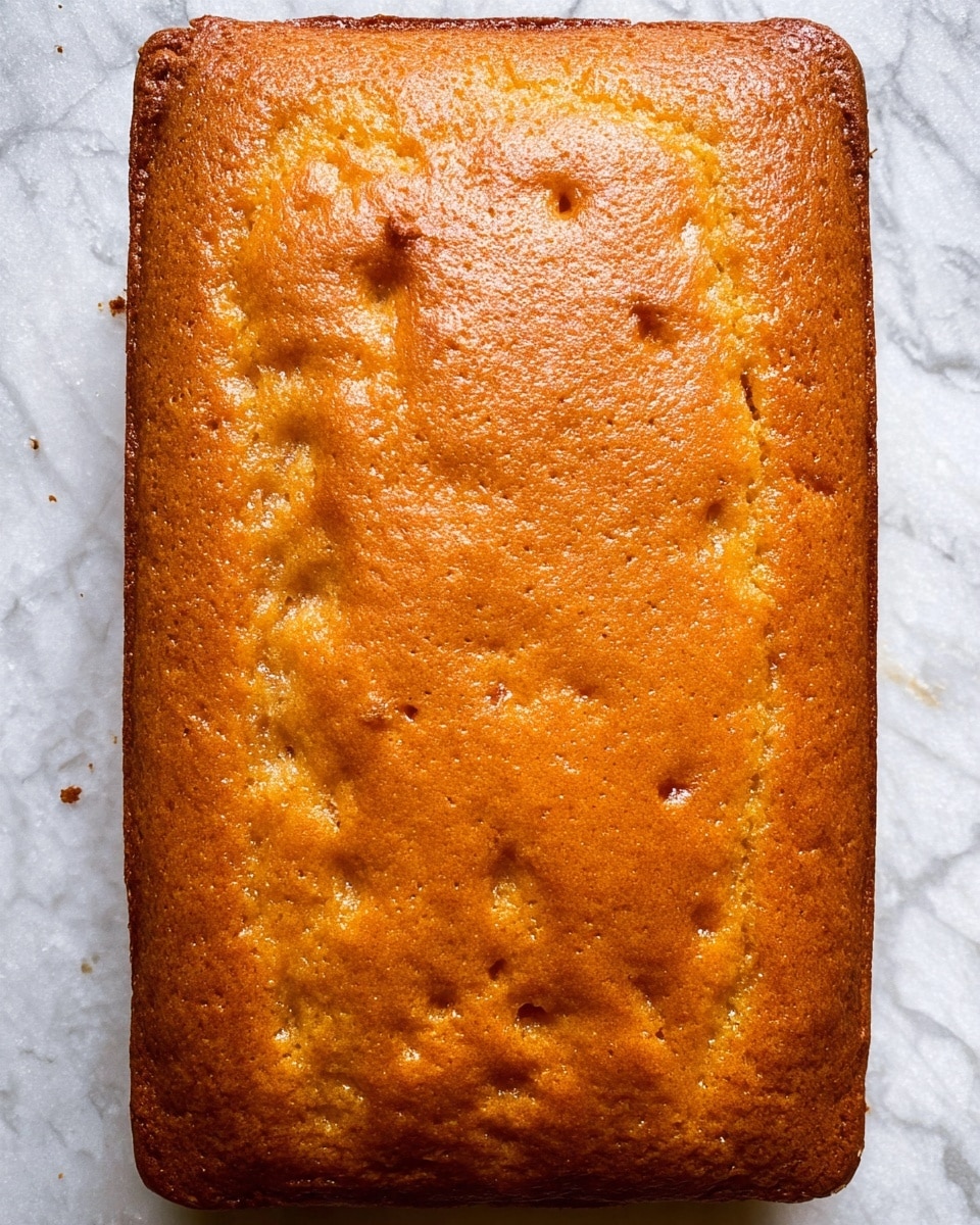 A rectangular golden-brown baked cake with a smooth and slightly textured top surface sits on a white marbled background. The cake looks moist and evenly baked with a few small cracks and air bubbles scattered across its surface, giving it a homemade feel. The edges are straight, showing it was baked in a rectangular pan. No additional layers or decorations are visible, just the simple cake itself. photo taken with an iphone --ar 4:5 --v 7