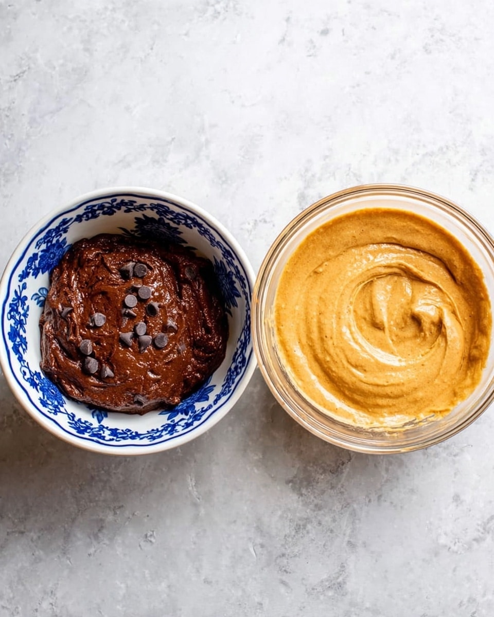 Two bowls with different mixtures are set on a white marbled surface. The bowl on the left is a white bowl with blue floral designs filled with a thick dark brown chocolate mixture with chocolate chips visible on top, unevenly spread. The bowl on the right is a clear glass bowl holding a smooth, creamy light orange batter with a small swirl on the surface. photo taken with an iphone --ar 4:5 --v 7