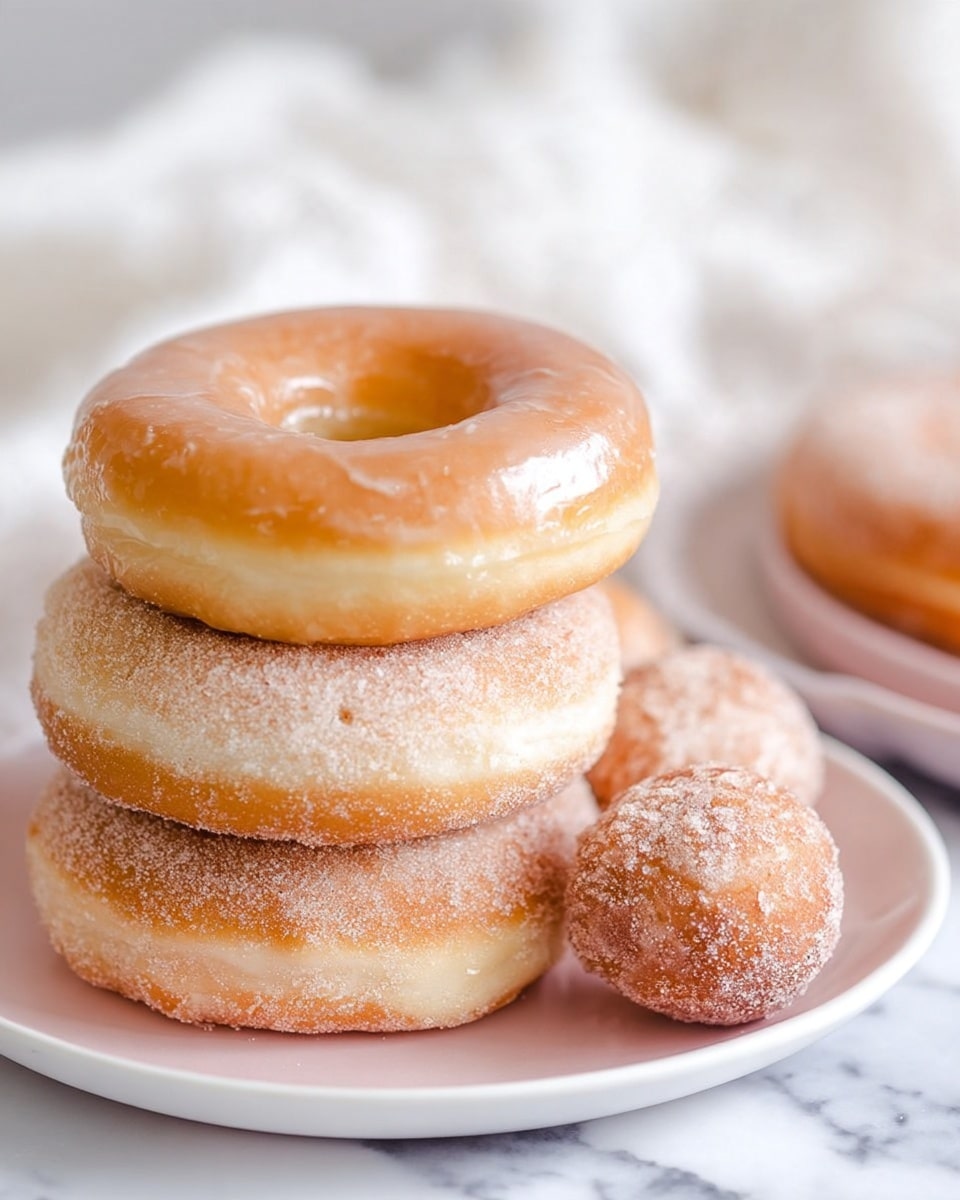 A white plate holds a stack of three donuts, with the top donut glazed shiny light brown. Below it are two sugar-coated donuts with a light dusting of white sugar, showing a soft, slightly rough texture. Around the plate, there are two small round donut holes, also with a sugar coating and a smooth brown glaze. The plate rests on a pink plate, and everything is placed on a white marbled surface. The background is soft and blurred with white fabric. Photo taken with an iphone --ar 4:5 --v 7