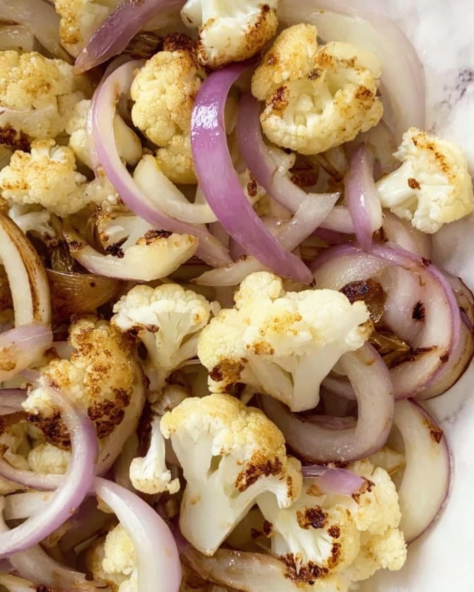 The image shows a close-up of roasted cauliflower and sliced onions mixed together. The cauliflower pieces are golden with some brown char marks, showing they were grilled or roasted. The onions are cut into rings and curved strips, some are white while others are pale purple, all mixed evenly with the cauliflower. The background features a white marbled texture. photo taken with an iphone --ar 4:5 --v 7