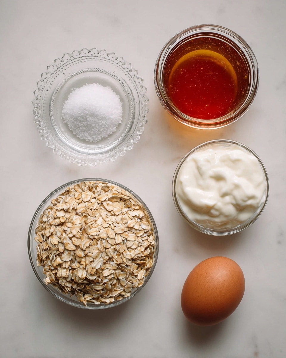 The image shows five ingredients arranged separately on a white marbled surface. In the bottom left is a clear glass bowl filled with light brown rolled oats, showing a dry and flaky texture. Above it, slightly to the left, is a small clear glass bowl with white salt crystals in the center, the bowl has a decorative embossed edge. To the right of the oats is a small clear bowl with thick, white yogurt that has a smooth and creamy look. Above the yogurt is a clear glass jar filled with amber-colored honey, the honey looks thick and shiny. Below the yogurt and honey, in the bottom right corner, is a single brown egg with a smooth, matte shell. All items are placed with space between each, creating a neat and simple layout. Photo taken with an iphone --ar 4:5 --v 7