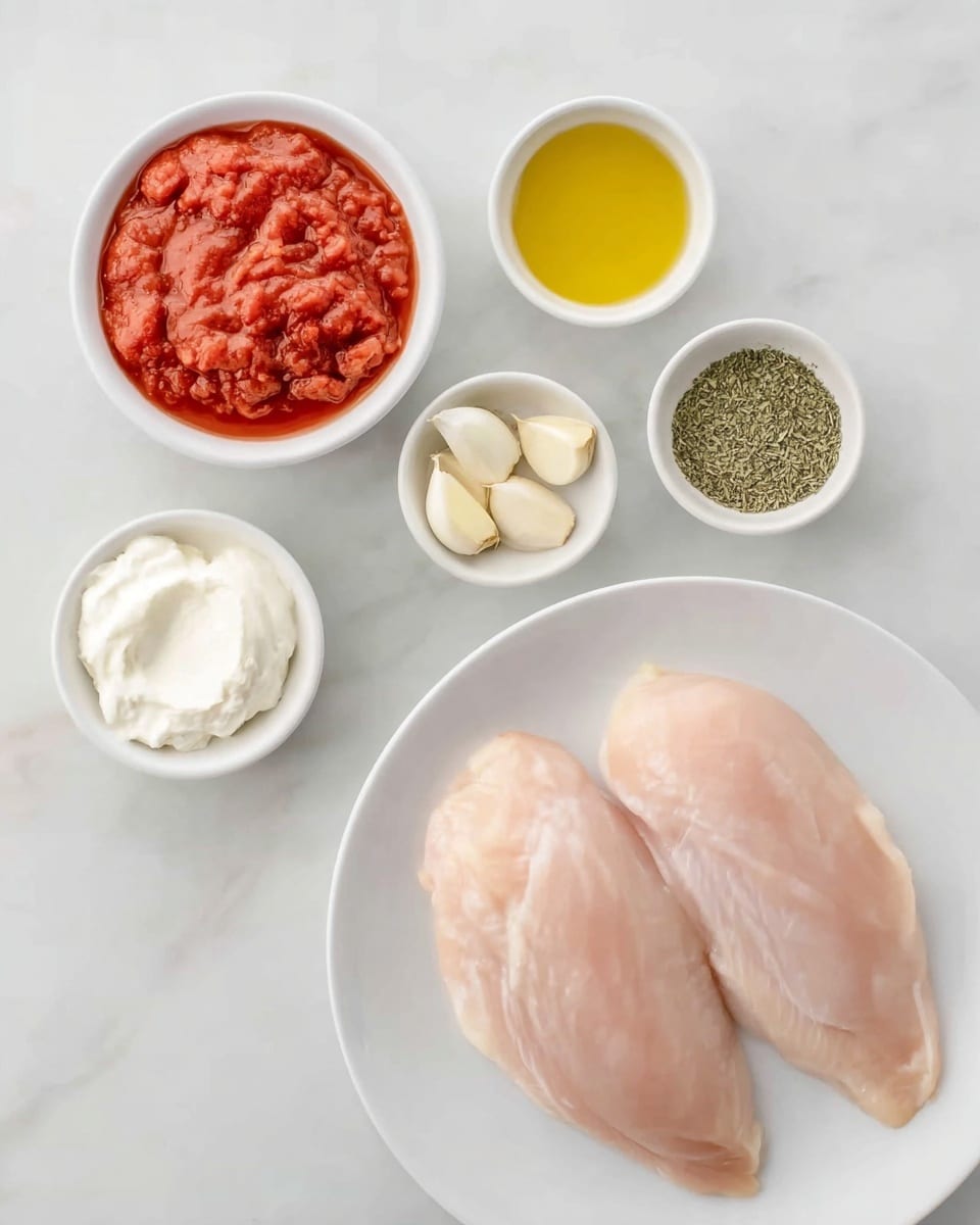 The image shows two raw chicken fillets placed side by side on a white plate positioned at the bottom right. Surrounding the plate are five small white bowls arranged in a loose circle on a white marbled surface: one bowl contains chunky red tomato sauce, another has a smooth white creamy substance, a third bowl holds a yellow liquid that looks like oil, a fourth bowl has four whole peeled garlic cloves, and the last bowl contains green dried herbs. The overall look is clean, fresh, and simple. Photo taken with an iphone --ar 4:5 --v 7