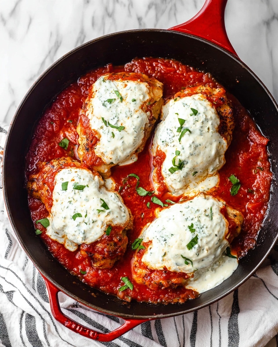 The image shows four cooked chicken pieces in a black pan with a red handle, each topped with a thick layer of creamy white sauce with green herb bits. The chicken lies on a bed of chunky red tomato sauce that fills the base of the pan. Small green herbs are sprinkled on top for garnish. The black pan contrasts with the bright red sauce and the white creamy topping. The pan is placed on a white marbled surface, with a white and black striped cloth partially visible underneath photo taken with an iphone --ar 4:5 --v 7