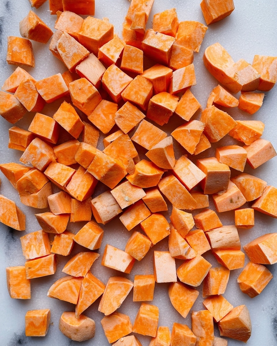 The image shows a close-up view of many small, orange sweet potato cubes scattered on a white marbled textured surface. The cubes are cut into uneven shapes but mostly small squares and rectangles with smooth, firm edges. The orange color of the sweet potatoes varies slightly, showing some lighter patches of skin left on some pieces. The cubes cover most of the area in the image with some space in the upper right corner. photo taken with an iphone --ar 4:5 --v 7