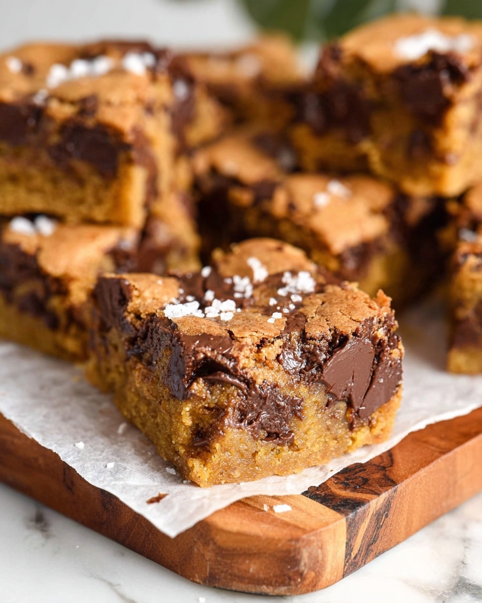 The image shows a close-up of a square piece of chocolate chip blondie bar, with a golden-brown top layer that looks crisp and slightly cracked. The middle layer is a dense, moist dough with chunks of melted dark chocolate spread throughout, giving a rich, gooey texture. Some flakes of white sea salt are sprinkled on top of the bar, adding a contrast in color. Surrounding the main piece, there are blurred pieces of similar bars stacked together on white parchment paper, placed on a wooden board with a white marbled background. Photo taken with an iphone --ar 4:5 --v 7