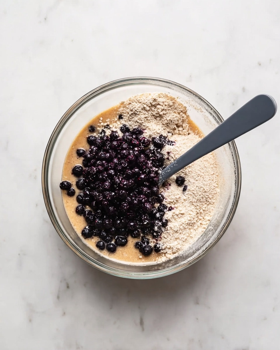 A clear glass bowl sitting on a white marbled surface holds a mixture with three layers: at the bottom, a light brown liquid layer with a smooth texture; on top of it, a layer of small dark purple berries clustered in the center; scattered around the berries and partly mixed in, a pale beige powdery layer. A dark gray spoon rests inside the bowl, touching the berry and liquid layers. Photo taken with an iphone --ar 4:5 --v 7
