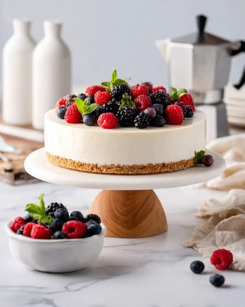 No-Bake Frozen Cheesecake with Pretzels and Berries Recipe