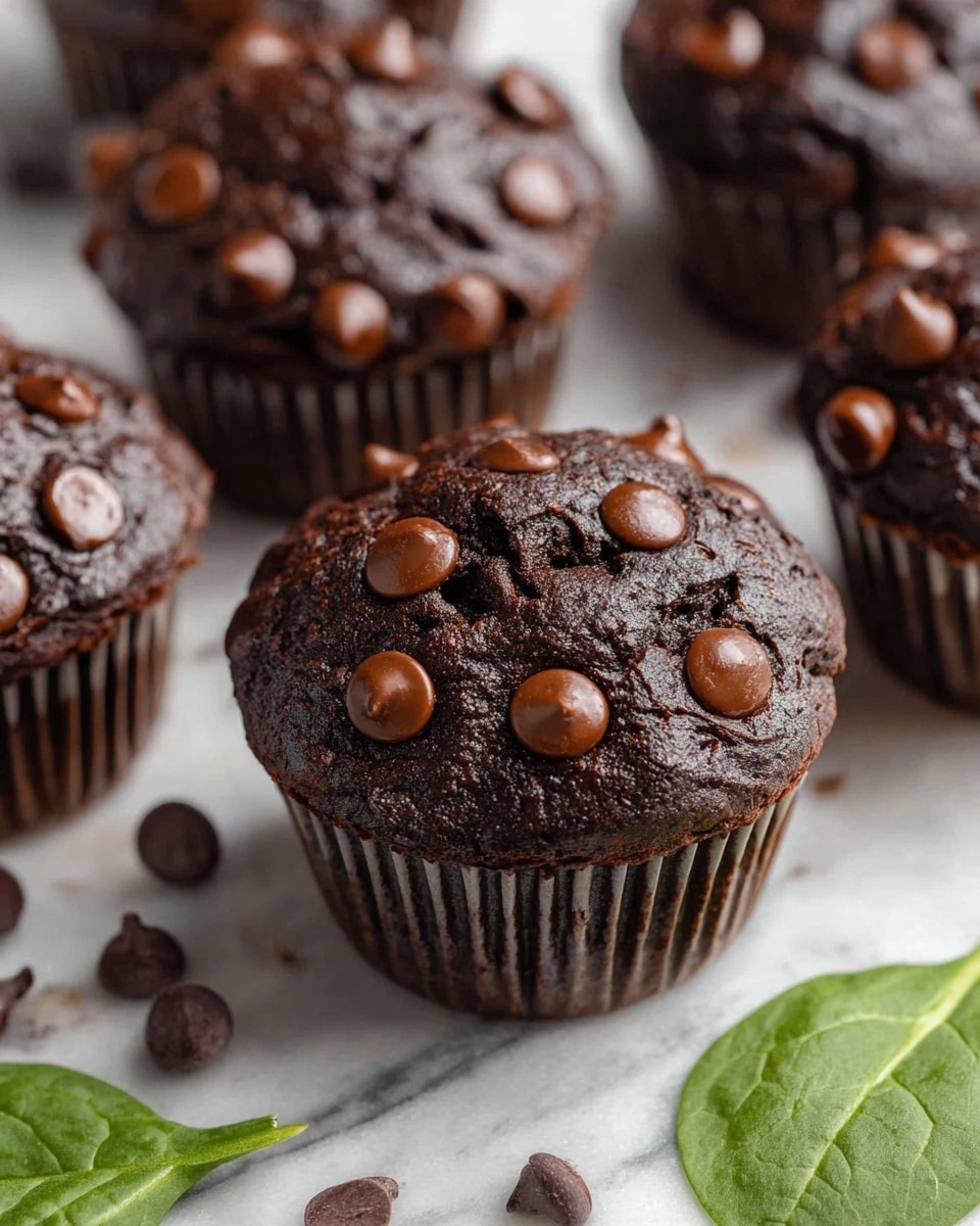 The image shows several dark chocolate muffins with a rich, moist texture and cracks on the top surface. Each muffin is studded with shiny, round chocolate chips that are scattered on top and some slightly melted into the muffin tops. The muffins are placed close together on a white marbled surface, with a few loose chocolate chips and a single green spinach leaf at the bottom right corner, adding a pop of color. The wrappers of the muffins are dark with subtle vertical ridges. photo taken with an iphone --ar 4:5 --v 7