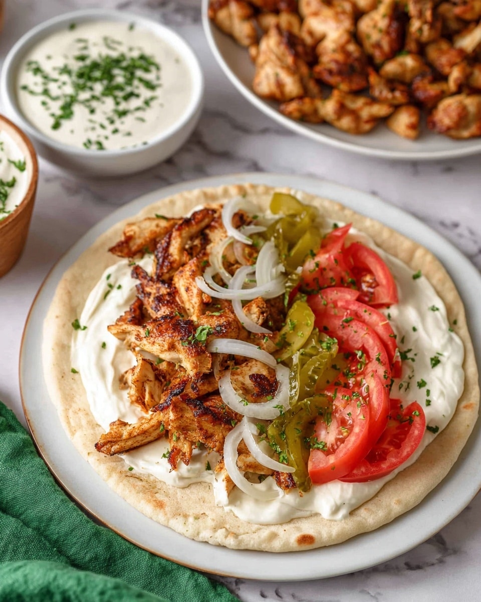 The image shows a white flatbread laid flat on a white plate with a layer of creamy white sauce spread all over it. On top of the sauce, there is a layer of golden brown grilled chicken strips forming a thick pile mostly on the left side. Over the chicken, thin white onion slices and green pickle slices are placed in the center. Along the right side of the onions and pickles, there are bright red tomato wedges, some sprinkled with finely chopped green herbs. In the background, there is another white plate filled with more cooked chicken pieces, and two small white bowls with additional creamy sauce and chopped green herbs respectively. The whole setting is on a white marbled surface with a green cloth partially visible in the bottom left corner. Photo taken with an iphone --ar 4:5 --v 7