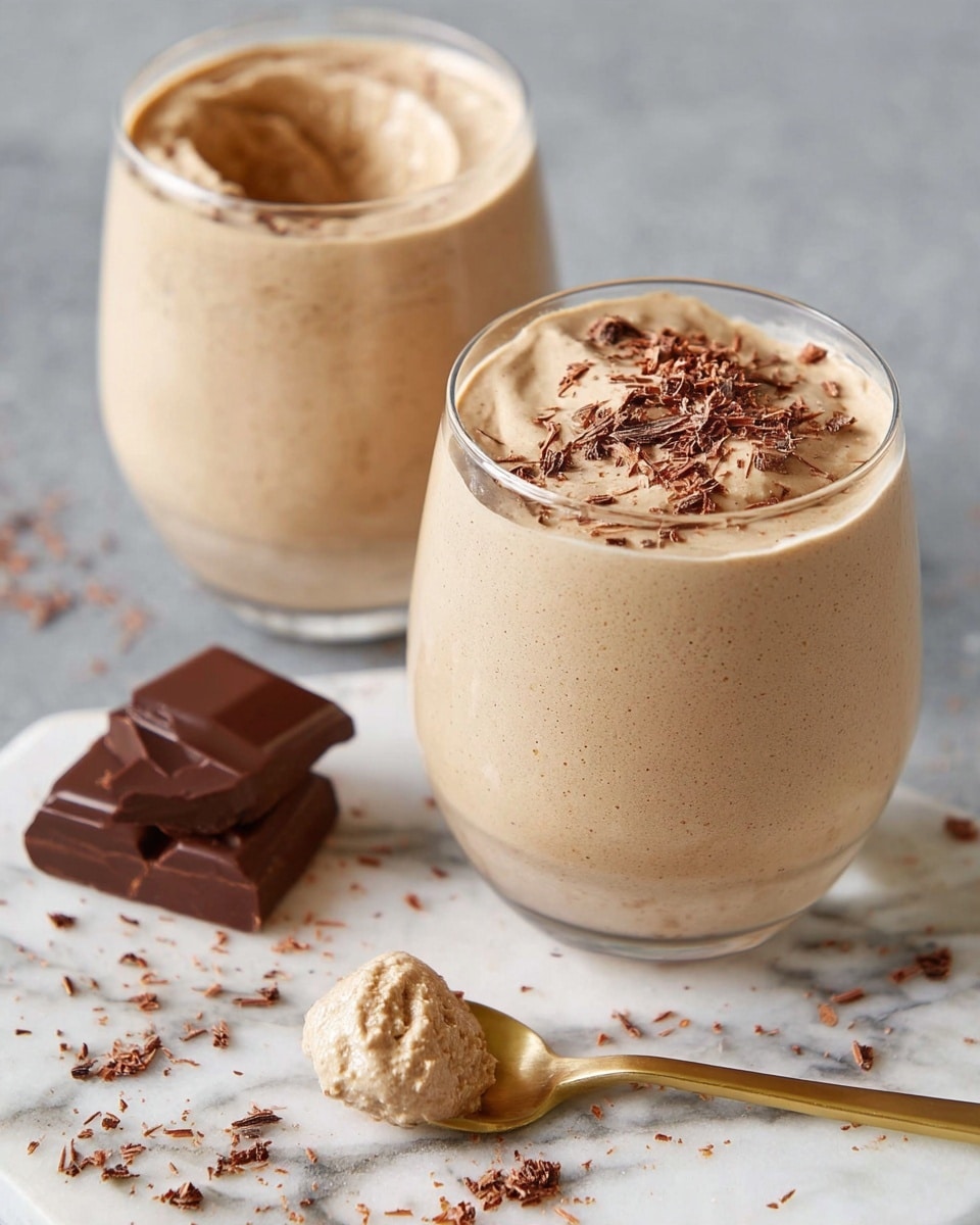 Two clear glasses hold a creamy light brown mousse-like dessert, each topped with small chocolate shavings. One glass is full and smooth, while the other has a scoop taken out, showing a soft and thick texture inside. A golden spoon with a dollop of the mousse rests near the front glass on a white marbled surface, with two square pieces of dark chocolate and scattered chocolate shavings nearby. The look is simple, smooth, and inviting, with soft light highlighting the creamy texture. photo taken with an iphone --ar 4:5 --v 7