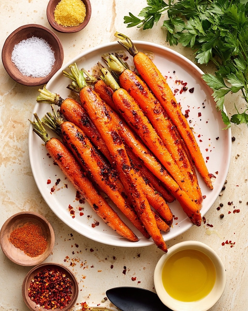 The image shows a white round plate filled with ten roasted carrots, arranged side by side with their green tops at the left side and tapered ends pointing right. The carrots are bright orange with dark grill marks and scattered black pepper and chili flakes, giving them a textured and slightly charred look. Around the plate are small bowls with various spices: one with coarse salt, one with black pepper, one with red chili flakes, and another with golden oil and a black spoon. The plate is on a light tan surface with a white marbled texture, and there are fresh parsley leaves placed on the top right side of the plate. photo taken with an iphone --ar 4:5 --v 7