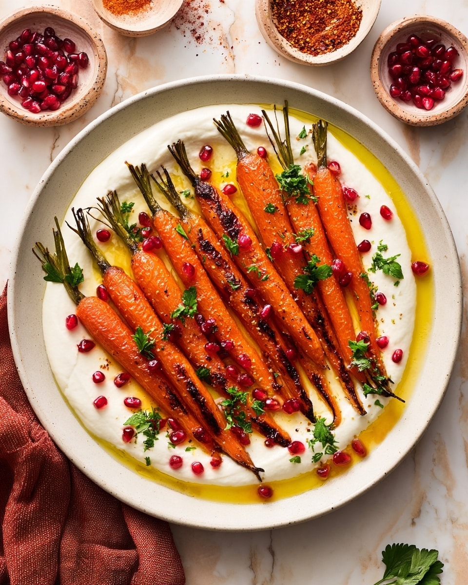 A white plate holds a dish with three main layers: at the bottom is a smooth, bright white layer of creamy sauce spread evenly in a circle; next, a ring of golden, slightly thick oil surrounds the sauce; on top, a row of ten roasted carrots with a warm orange color and slightly charred skin is neatly placed side by side, with their green tops trimmed short. Scattered across the carrots and sauce are bright red pomegranate seeds and small green parsley leaves, adding contrast and freshness. The plate sits on a white marbled surface with a reddish cloth napkin and bowls of pomegranate seeds and red pepper flakes nearby. Photo taken with an iphone --ar 4:5 --v 7