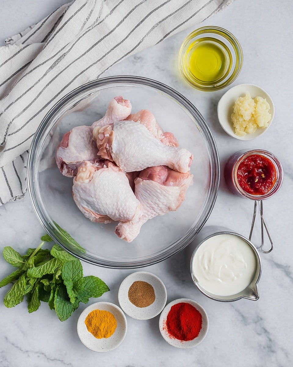 The image shows raw chicken drumsticks placed inside a clear glass bowl at the center. Around the bowl, there are six small containers arranged on a white marbled surface: a small pile of fresh green mint leaves on the bottom left, a white plate with four colorful spice powders (brown, red, yellow, and white) below the bowl, a small white bowl with light yellow grated ginger on the right, a small glass jar with red tomato paste below the grated ginger, a metal measuring cup with creamy white yogurt on the top right, and a small clear glass with light yellow oil or liquid above the bowl. A white cloth with thin black stripes is partially visible in the top left corner. The photo taken with an iphone --ar 4:5 --v 7