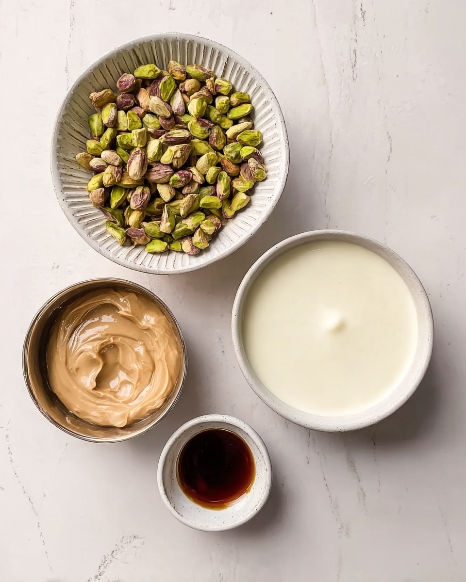 The image shows four separate bowls arranged on a white marbled surface. The largest bowl on the top left is white with a ridged edge and is filled with green and brown pistachio nuts that have a rough texture. To the right of that is a plain white bowl filled with a smooth, creamy white sauce. Below the pistachio bowl and more to the left is a smaller bowl with a metallic outer layer and a white inside, containing a thick light brown paste with a shiny texture. The smallest bowl is placed below and slightly right of the sauce bowl, it is white and holds a small amount of dark brown, glossy liquid. photo taken with an iphone --ar 4:5 --v 7