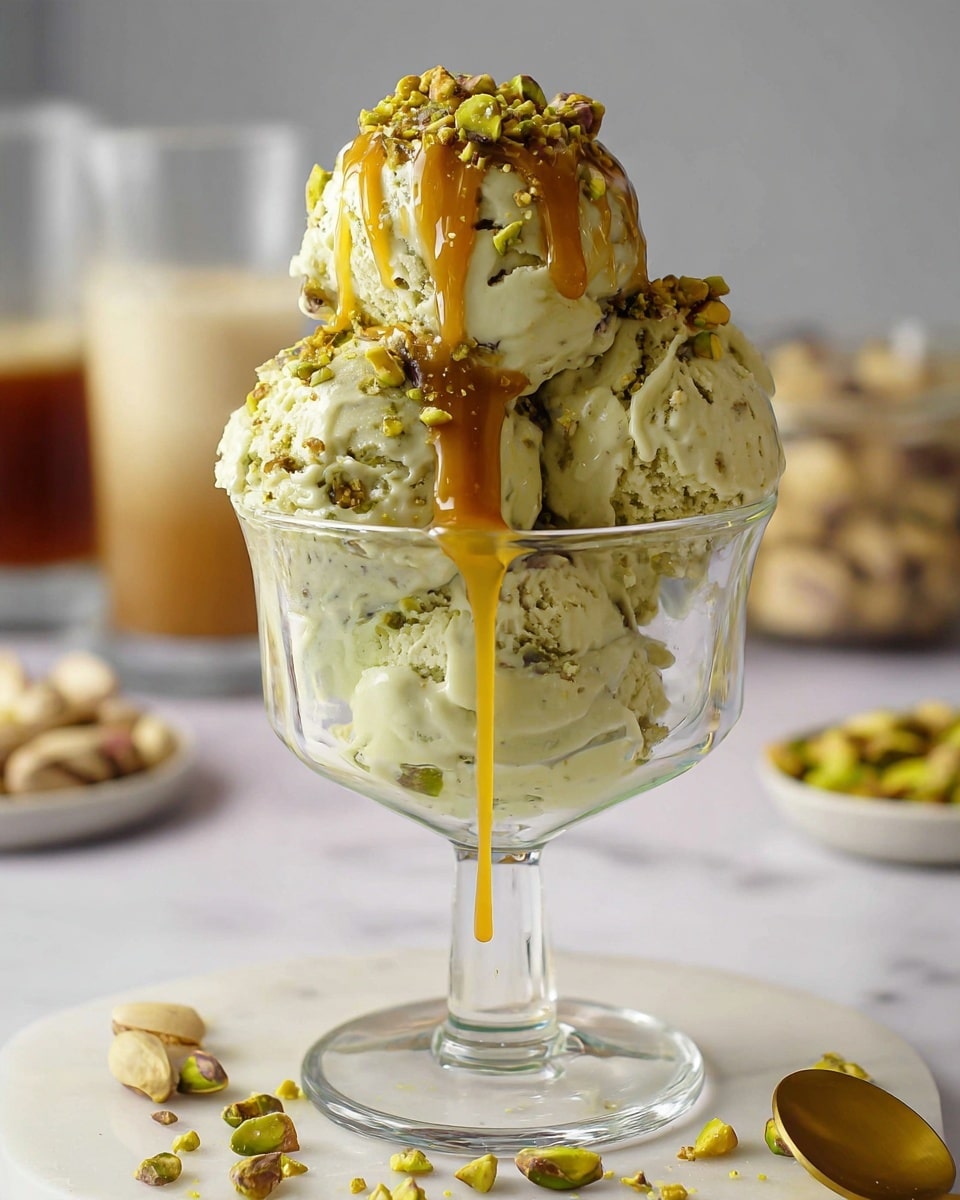 The image shows a clear glass dessert cup filled with three scoops of light green ice cream, stacked in a pyramid shape. The ice cream has a creamy texture with small bits visible inside. On top of the scoops, there is a thick drizzle of golden caramel sauce flowing down the sides. The ice cream is sprinkled with small chopped pistachio pieces that add a crunchy texture. Around the base of the cup on the white marbled surface are some scattered pistachio bits and a drip of caramel. In the blurred background, there are two glasses with a creamy drink and a bowl with more pistachios. Photo taken with an iphone --ar 4:5 --v 7