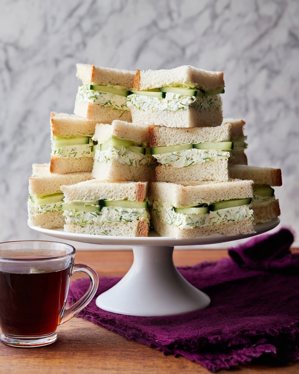 A white stand holds a pile of small square cucumber sandwiches, stacked in a pyramid shape. Each sandwich has two layers of soft bread, some are light brown and some are white, with thin slices of pale green cucumber and a creamy white spread with green herbs inside. The texture of the bread looks soft and fluffy, while the cucumber looks fresh and crisp. The stand is placed on a wooden surface with a folded dark purple cloth under it, and next to it there is a clear glass cup filled with dark tea. The background is a white marbled texture. photo taken with an iphone --ar 4:5 --v 7