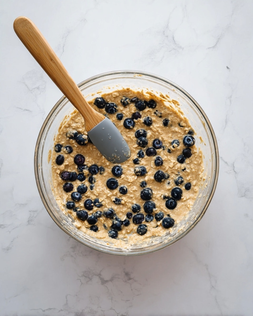 A clear glass bowl filled with a creamy light brown oatmeal mixture that has many whole blueberries scattered evenly throughout. A wooden-handled spatula with a gray silicone head is resting inside the bowl, slightly submerged in the oatmeal mix. The bowl is placed on a white marbled surface. photo taken with an iphone --ar 4:5 --v 7