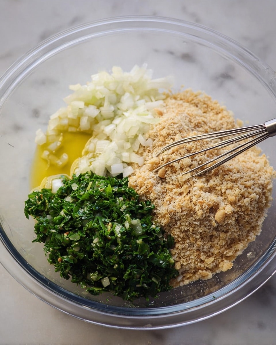 A clear glass bowl holds three separate layers of ingredients placed side by side on a white marbled surface. The first layer on the left consists of finely chopped white onions over a small pool of yellow liquid, possibly butter or oil. The middle layer shows a mound of chopped, bright green herbs or leafy greens. On the right, a large heap of light brown and beige breadcrumbs covers part of the bowl. A silver whisk rests inside the bowl, positioned on the breadcrumb side. The bowl and its contents are photographed closely. Photo taken with an iphone --ar 4:5 --v 7