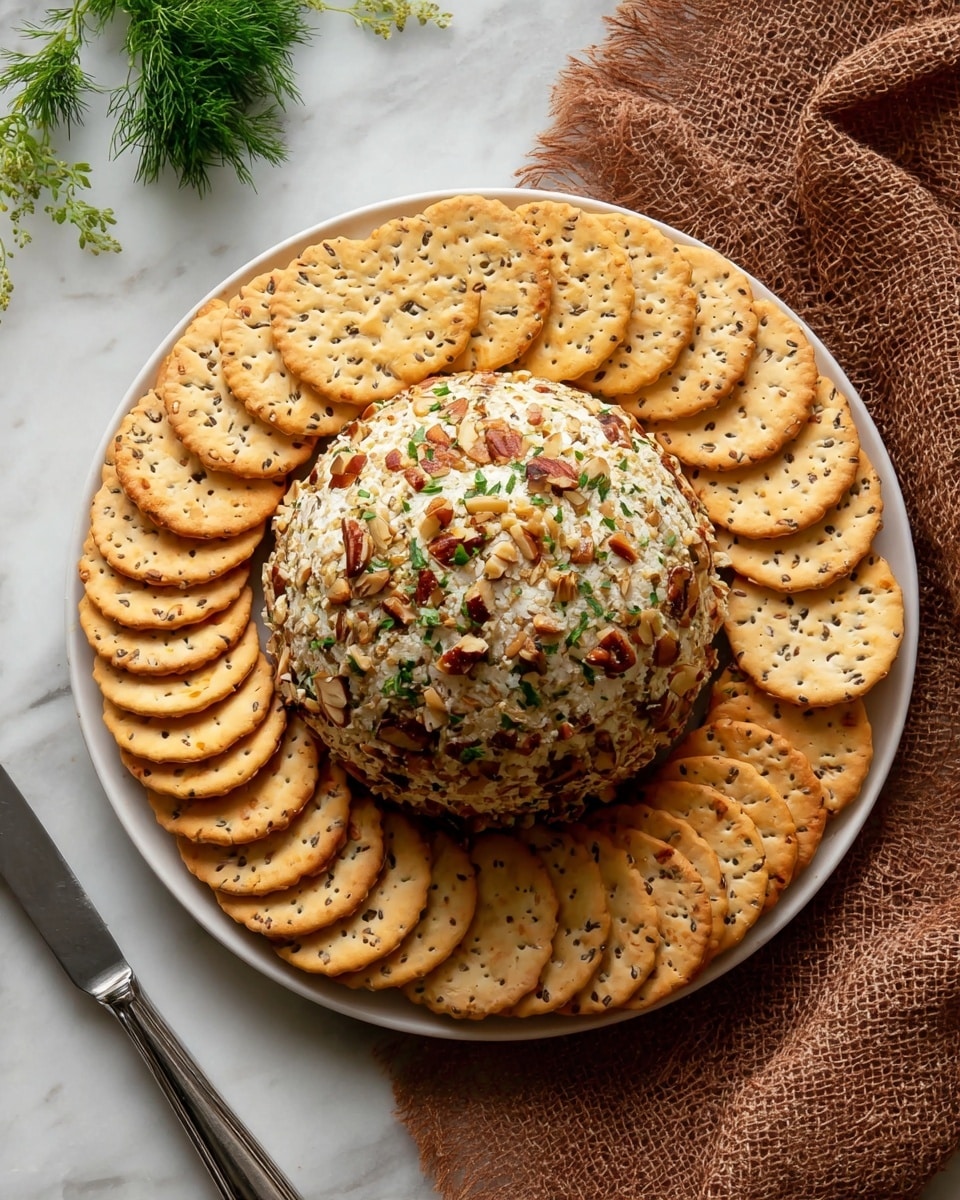 A round ball of soft cheese covered evenly with chopped mixed nuts and sprinkled with green herbs sits in the center of a white plate, surrounded by a single layer of round, golden crackers with visible seeds and herbs. The crackers are neatly arranged side by side, forming a ring around the cheese ball. The plate rests on a white marbled surface, with a brown textured cloth partially visible at the bottom right corner. A small bunch of fresh green herbs is placed at the top left of the image, and a silver knife lies diagonally at the bottom left. Photo taken with an iphone --ar 4:5 --v 7