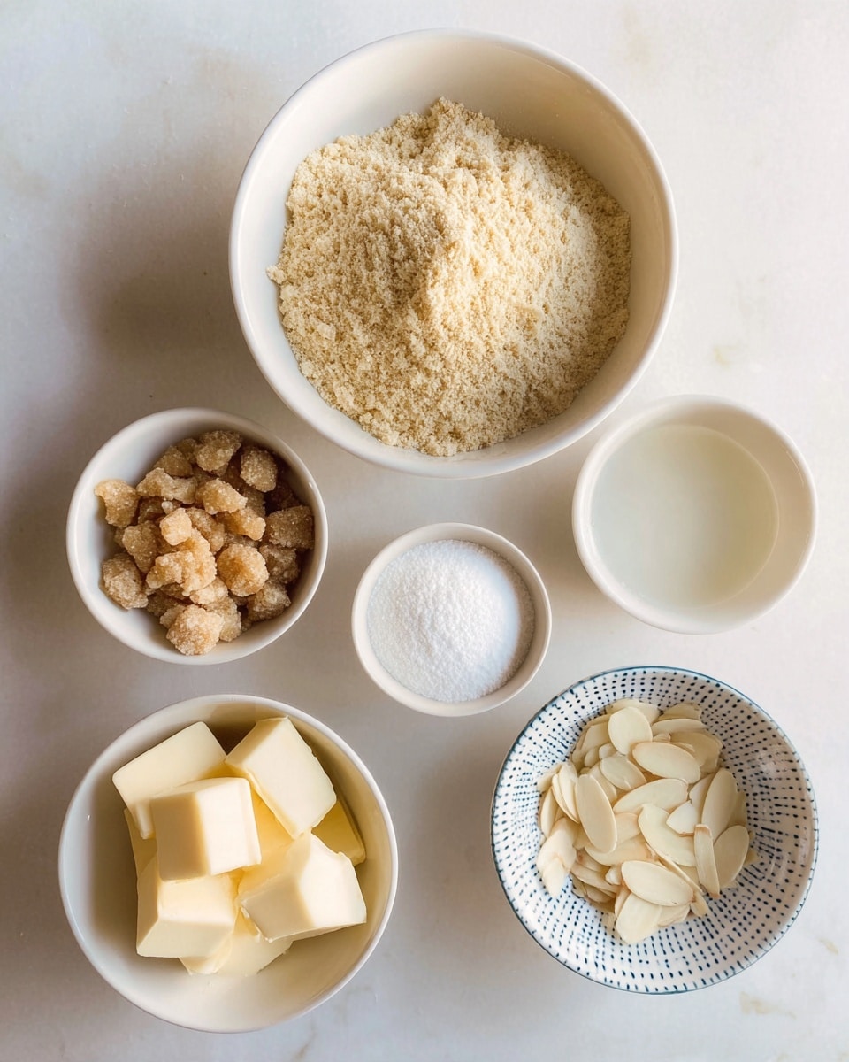The image shows several white bowls arranged on a white marbled surface, each bowl holding different ingredients. The largest bowl at the top contains a crumbly, light beige mixture with a grainy texture. To the left is a medium bowl filled with light brown, soft clumps resembling brown sugar. Below, a small bowl contains white powder, likely flour. Adjacent to this is another bowl filled with pale yellow cubes resembling butter. Two smaller bowls contain clear liquids, one slightly bigger than the other. At the bottom right, a white bowl with dotted blue edges holds thin, pale almond slices. The scene is simple and clean, with soft natural light. photo taken with an iphone --ar 4:5 --v 7