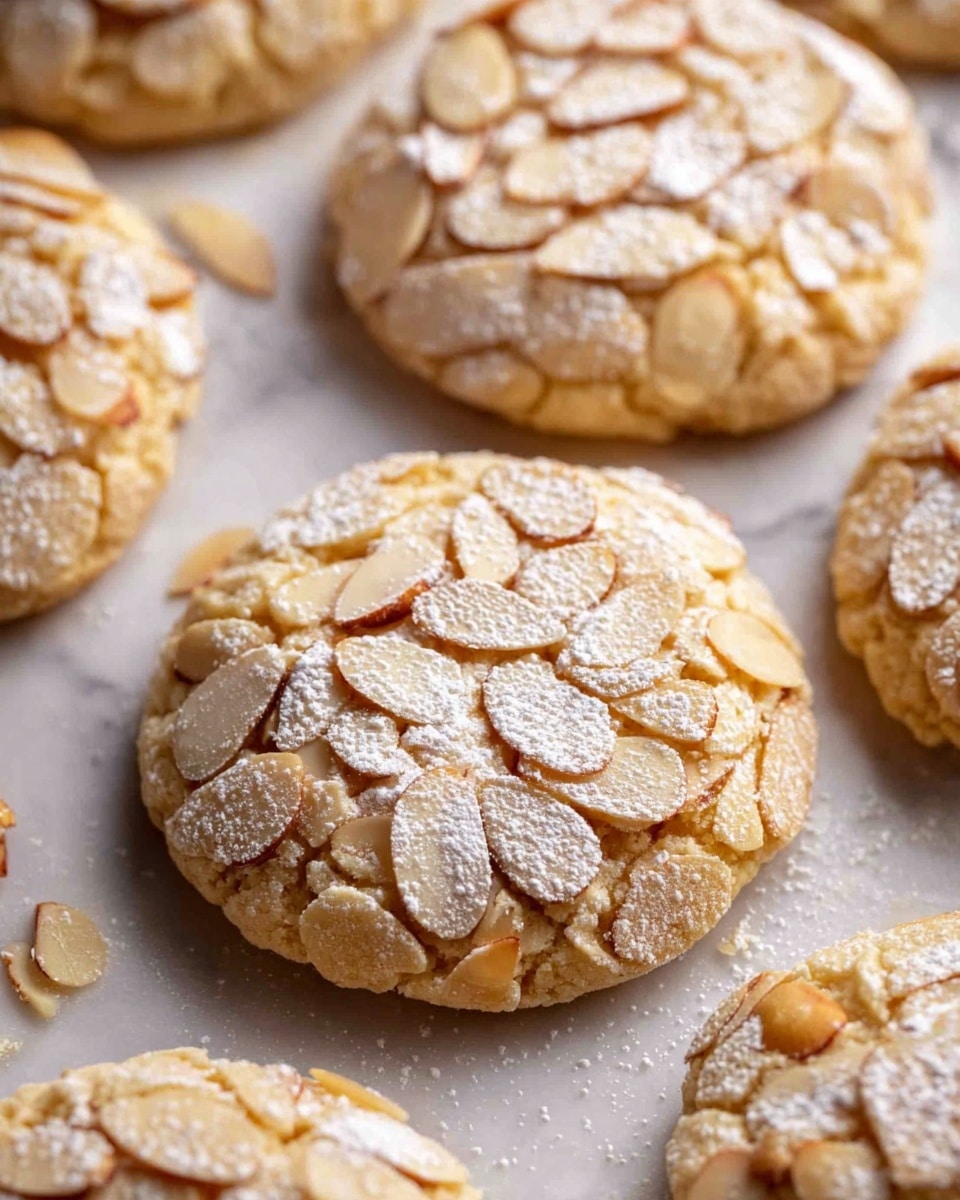 A close-up view of round cookies on a white marbled surface, each cookie has a light golden-brown base covered with thin, beige almond slices spread all over the top. The cookies are sprinkled lightly with white powdered sugar, adding a soft, dusty texture over both the almond slices and the cookie surface. The cookies have a slightly cracked texture, showing their soft and crunchy mix. The image captures the cookies in a scattered arrangement, emphasizing their round shape and nutty toppings. Photo taken with an iphone --ar 4:5 --v 7