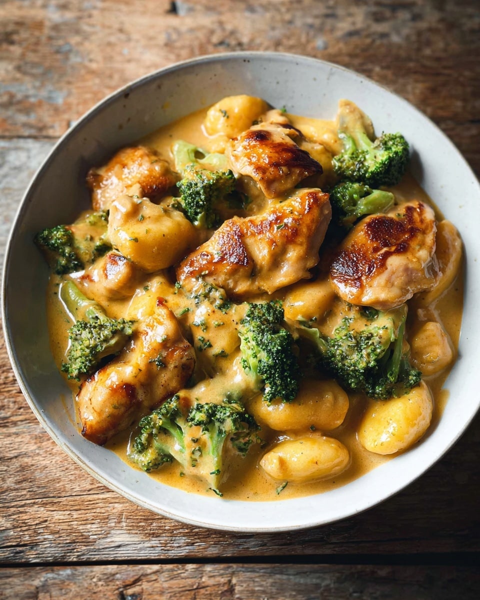 A white bowl filled with a creamy dish showing around three layers of ingredients: tender golden brown pieces of cooked chicken on top, bright green broccoli florets scattered evenly in the middle, and soft gnocchi in a light yellow-orange creamy sauce covering all the elements. The textures range from smooth and glossy sauce coating everything to slightly crispy chicken surfaces and the broccoli's textured crown. The bowl sits on a rustic wooden table, creating contrast with the food. photo taken with an iphone --ar 4:5 --v 7