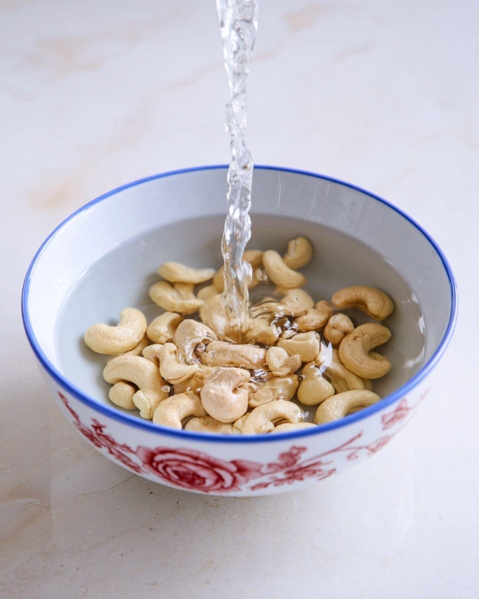A white bowl with a blue rim and red rose pattern on the side is shown on a white marbled surface. Inside the bowl, there are whole cashew nuts, pale beige in color with a smooth texture, partially covered by clear water being poured from above, creating splashes and ripples in the liquid. The bowl is filled about halfway, with the cashews mostly resting at the bottom but some floating slightly. Photo taken with an iphone --ar 4:5 --v 7