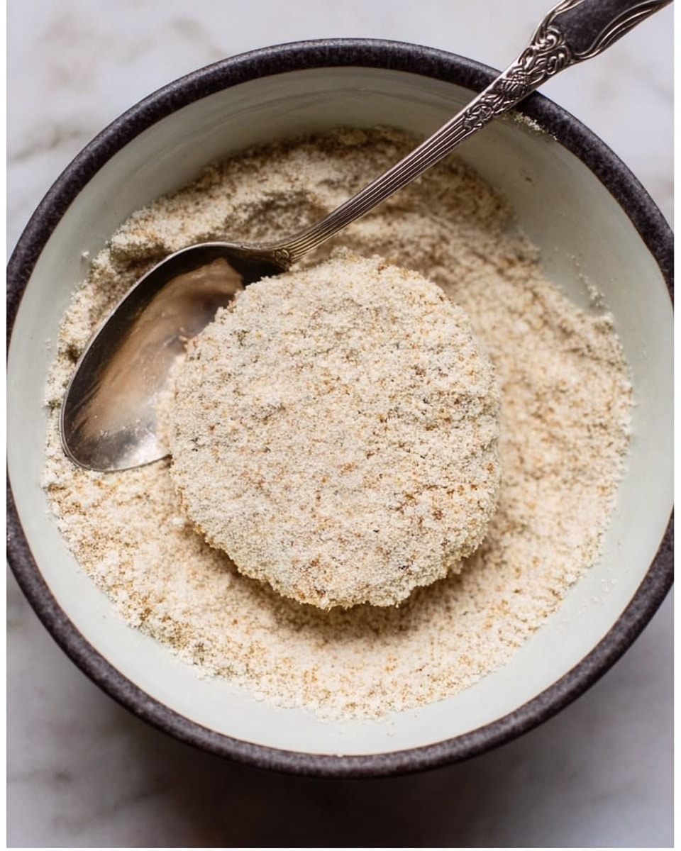 A close-up view of a white bowl with a dark rim filled with light beige, coarse flour or breadcrumb mixture. Inside the bowl, a round patty coated evenly with the same mixture lies flat, showing a rough, grainy texture. A silver spoon with ornate designs is placed partially inside the bowl, resting on the edge of the patty. The bowl sits on a white marbled surface, highlighting the neutral tones of the ingredients. photo taken with an iphone --ar 4:5 --v 7