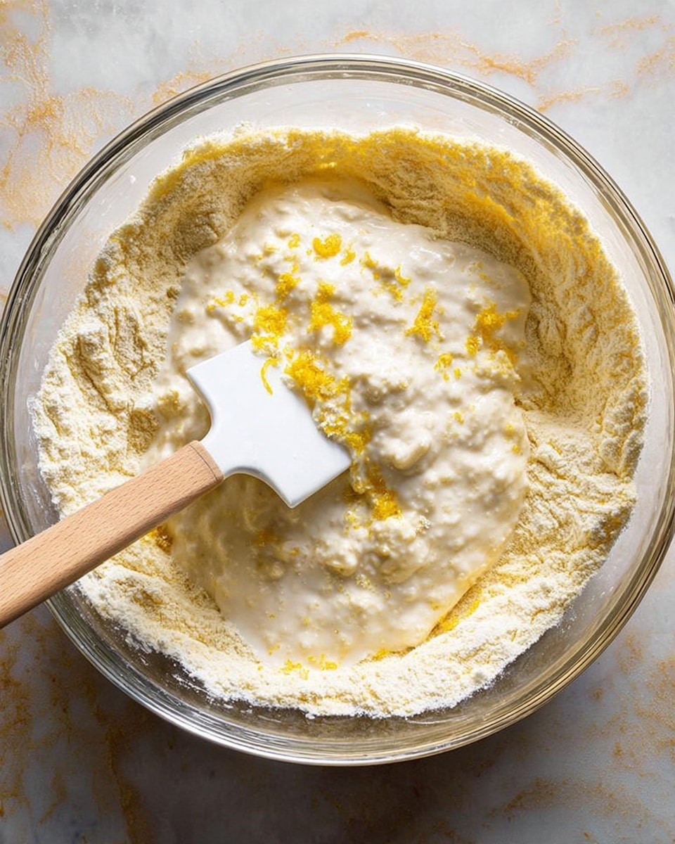 A clear glass bowl on a white marbled surface contains a mixture of dry and wet ingredients before being fully combined. Around the edges of the bowl is a layer of light yellow, powdery flour, while the center holds a creamy, foamy batter topped with small bits of bright yellow zest. A white spatula with a light wooden handle is resting inside the bowl, partially submerged in the mixture. The overall look shows the contrast between the powdery and wet ingredients before folding together. Photo taken with an iphone --ar 4:5 --v 7