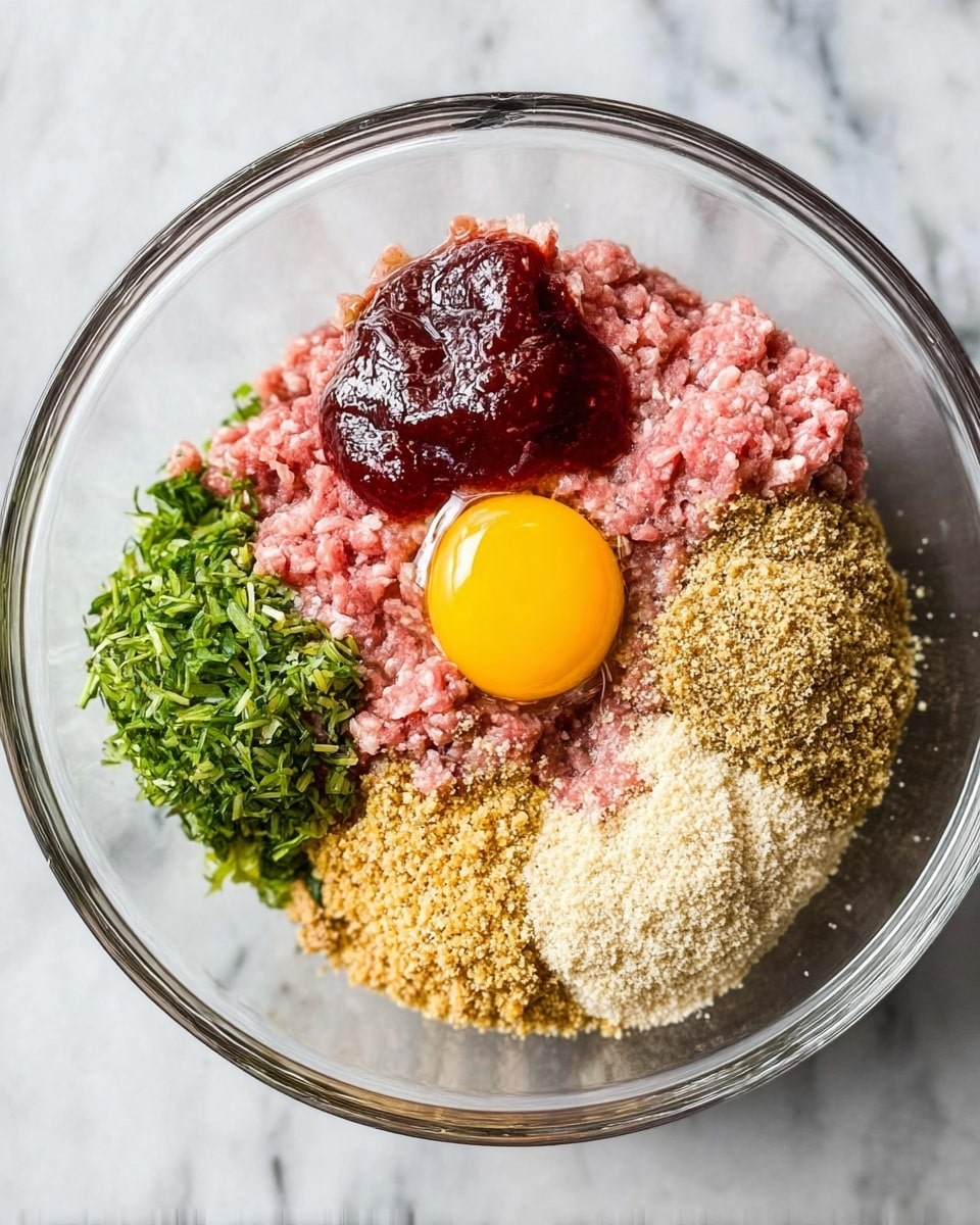 A clear glass bowl sits on a white marbled surface, holding several separate layers of ingredients. At the base is light pink raw minced meat, gathered mainly towards the middle. On top of the meat sits a bright yellow raw egg yolk, near the top center. To the left of the yolk is a mound of glossy dark red sauce. Around the meat and yolk are green shredded vegetables in small piles, one at the top left, one near the bottom center, and another small portion mixed into the meat. On the right side is a pile of fine beige breadcrumbs, and below that is a smaller pile of crushed light golden crumbs. The textures vary from smooth and wet to rough and powdered. photo taken with an iphone --ar 4:5 --v 7