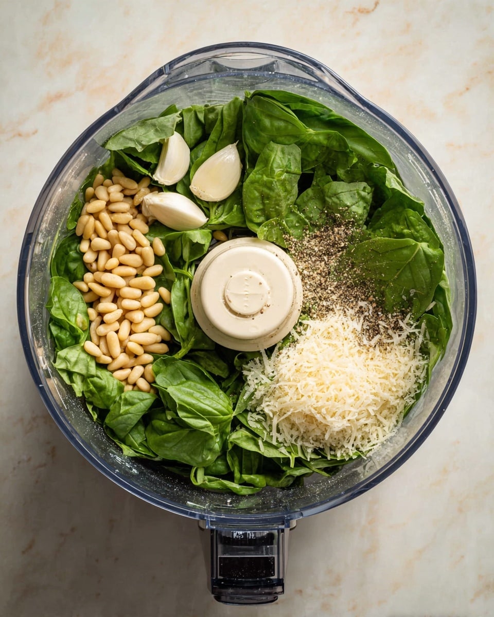 A food processor bowl filled with fresh green basil leaves evenly spread, with a small pile of light yellow pine nuts on the top left, two peeled white garlic cloves below the pine nuts, a heap of finely grated pale yellow cheese on the top right, and a sprinkle of salt and black pepper scattered over the basil leaves. The clear bowl is set against a white marbled background. photo taken with an iphone --ar 4:5 --v 7