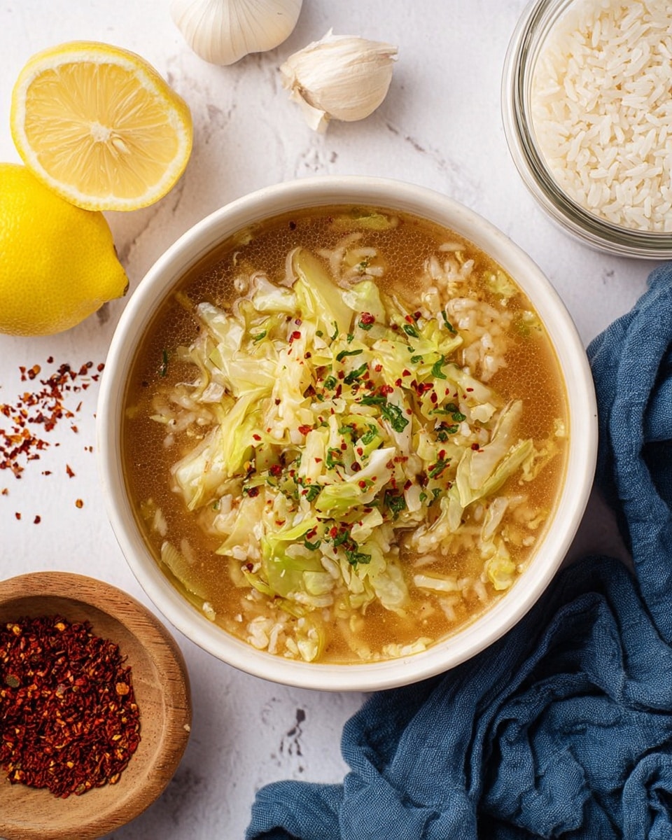 A white bowl filled with a soup showing three main layers: the bottom layer is a thin brown broth, the middle layer has small white rice grains, and the top layer includes light green shredded cabbage sprinkled with red chili flakes and tiny green herb pieces. The bowl sits on a white marbled surface alongside a halved lemon on the left, a small wooden bowl full of red chili flakes near the bottom left, a garlic bulb at the top left, a clear container of white rice at the top right, and a crumpled blue cloth on the right side. Photo taken with an iphone --ar 4:5 --v 7