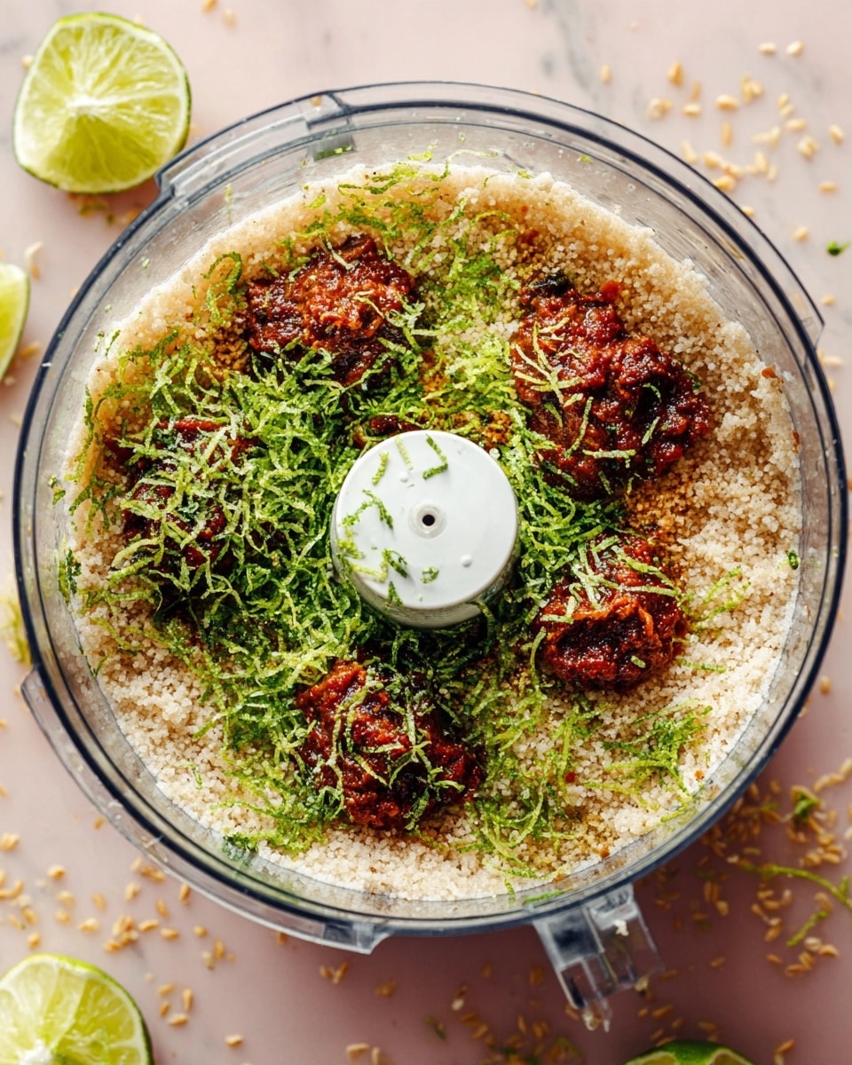 A clear food processor bowl shows a mix of ingredients inside; the bottom layer is a light beige, grainy texture spread evenly, topped with several dollops of a dark reddish-brown paste, each topped with shredded bright green zest scattered all over. The bowl sits on a white marbled surface with lime halves and scattered grains around it. Photo taken with an iphone --ar 4:5 --v 7
