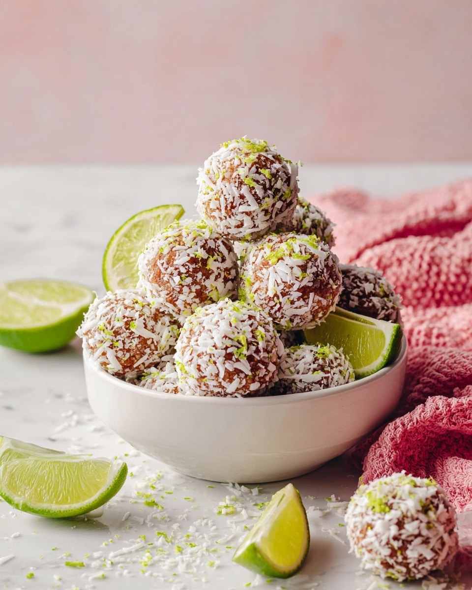 A white bowl filled with round brown balls covered in white shredded coconut and sprinkled with green lime zest, stacked in several layers with lime wedges placed among the balls for decoration. Some of the balls and coconut flakes spill around the base of the bowl on a white marbled textured surface, with a pink textured cloth casually placed on the right side. The background is simple and smooth with a white marbled texture. Photo taken with an iphone --ar 4:5 --v 7
