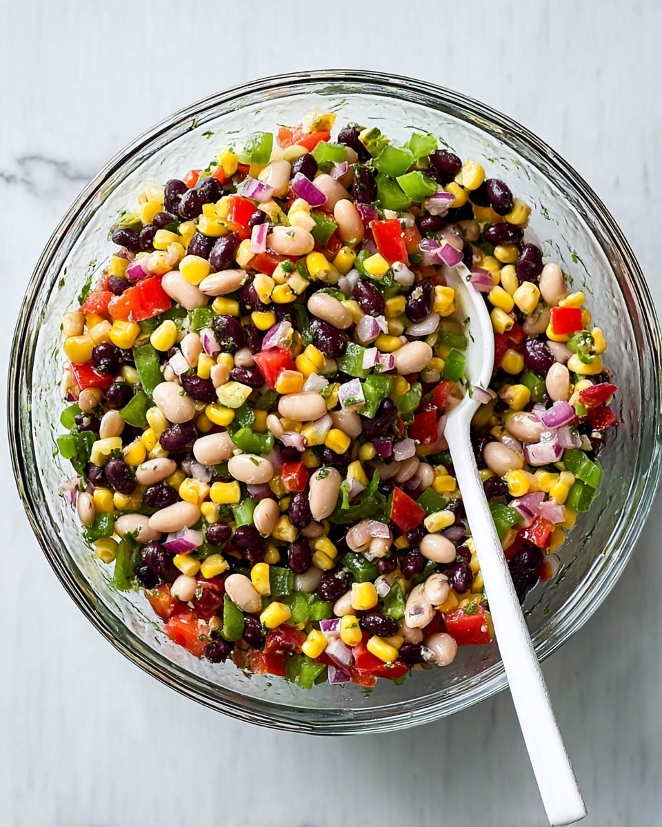 A clear glass bowl sits on a white marbled surface, filled with a colorful mixed bean salad. The salad has small chopped layers of black beans, white beans with black spots, yellow corn, green bell pepper, red tomato, and bits of red onion, all evenly mixed together. A white spoon is placed inside the bowl with its handle extending out to the bottom right corner of the image. The textures show the smooth beans, crisp diced vegetables, and a light sheen from a dressing on top. photo taken with an iphone --ar 4:5 --v 7