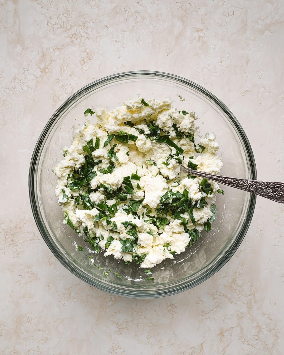 A clear glass bowl sits on a white marbled surface, filled with a mixture of white, crumbly cheese and chopped fresh green herbs. The cheese has a soft, slightly grainy texture and is mixed unevenly with the vibrant leafy greens, creating a fresh contrast of colors. A silver spoon with an intricate handle design is placed inside the bowl, partially buried in the cheese mixture, ready for mixing or serving. The image is shot from above, showing the full contents and details of the mixture and bowl, capturing a fresh and simple food preparation moment. photo taken with an iphone --ar 4:5 --v 7