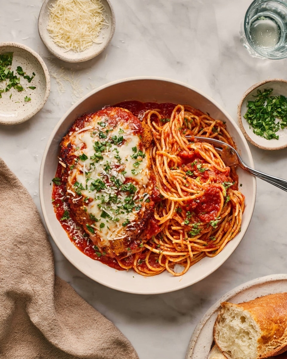 A white bowl sits on a white marbled surface, filled with two main layers: on the left, there is a piece of chicken topped with melted white cheese and chunky deep red tomato sauce, sprinkled with small green parsley pieces; on the right, there is a serving of spaghetti coated in thick red tomato sauce, also garnished with small green parsley bits. A silver fork rests in the spaghetti on the right side of the bowl. Around the bowl, there are small white dishes with chopped green herbs and grated cheese, pieces of bread, a glass of clear water, and a beige cloth. photo taken with an iphone --ar 4:5 --v 7