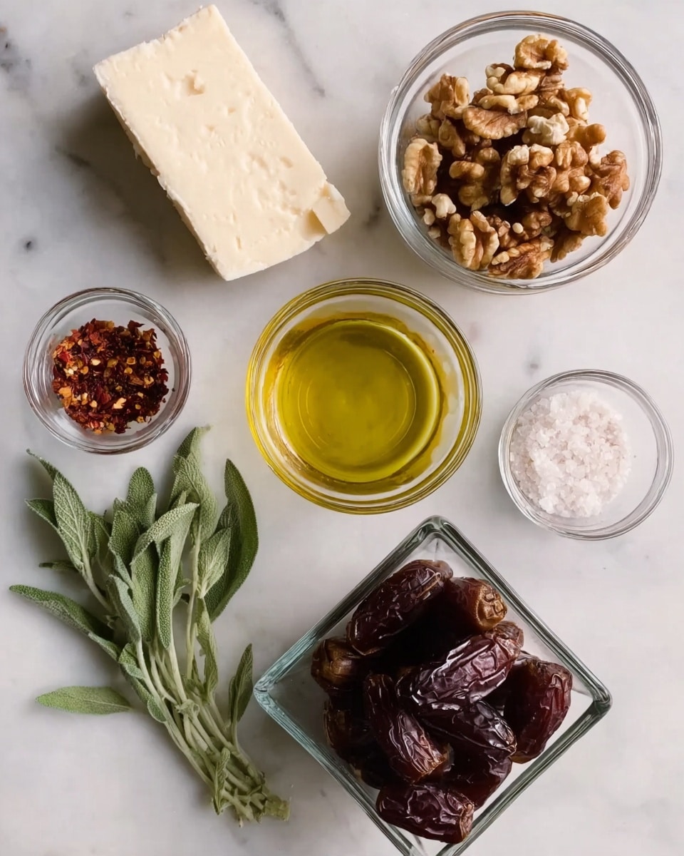 The image shows several small glass bowls and a glass container arranged on a white marbled surface. At the bottom right, there is a square glass container filled with dark brown dates. Above it to the right, there is a small glass bowl with light yellow olive oil. Above the oil is a round glass bowl filled with light brown walnut pieces. To the left of the walnuts, there is a sprig of fresh green sage leaves lying flat on the surface. To the left of the sage, there is a glass jar with red chili flakes. Below the chili flakes, there is another small glass bowl with coarse white salt. At the top left corner, a wedge of white cheese with a smooth texture rests directly on the marble. photo taken with an iphone --ar 4:5 --v 7
