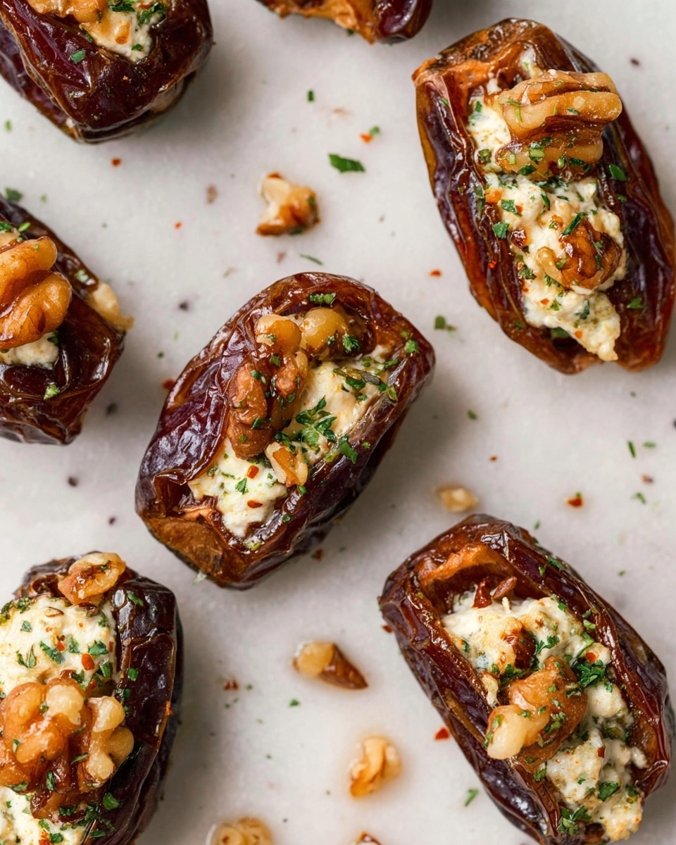 The image shows several stuffed dates placed on a white marbled surface. Each date has a deep brown, wrinkled outer skin with a glossy finish, split open in the middle to reveal a filling of creamy white cheese topped with small, light brown walnut pieces and scattered green herb flakes. Tiny red chili flakes are sprinkled on and around the dates, adding a pop of color and texture. The dates appear soft and slightly shiny, with some oil droplets visible on the surface around them, giving a fresh and rich look. photo taken with an iphone --ar 4:5 --v 7