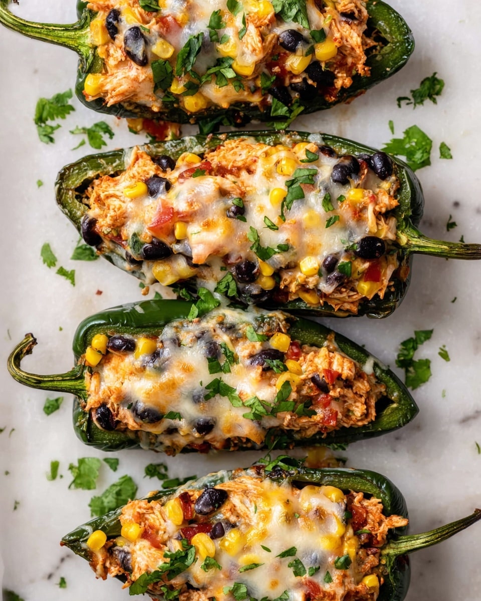 Four stuffed poblano peppers lie on a white marbled surface. Each pepper is sliced in half lengthwise, showing a dark green outer skin and hollow inside filled with a colorful mix of yellow corn kernels, black beans, tomato pieces, and shredded chicken. The filling is topped with melted, golden brown cheese that drapes over the edges. Chopped fresh green cilantro is sprinkled on top and around the peppers for garnish. The peppers are arranged in a vertical line, filling the frame closely. Photo taken with an iphone --ar 4:5 --v 7