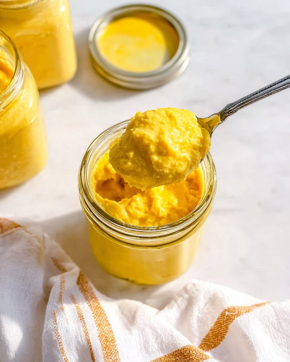The image shows a small clear glass jar filled with a thick, bright yellow creamy mixture. A silver spoon dips into the jar, holding a scoop of the textured mixture that looks soft and slightly chunky. The jar sits on a white marbled surface, with part of a white cloth featuring thin orange stripes visible beside it. Nearby, there are two more jars also filled with the same yellow mixture, one with a silver lid on top. The lighting is bright and natural, highlighting the vibrant color and creamy texture of the contents. Photo taken with an iphone --ar 4:5 --v 7
