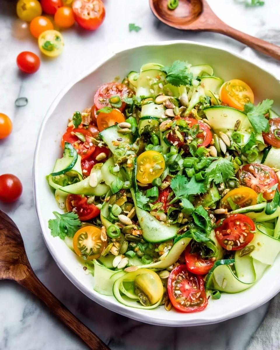 A white bowl filled with a colorful salad sits on a white marbled surface. The salad has three main layers: thin green cucumber ribbons are loosely curled throughout the bowl, some forming loops and curls, creating a textured base; bright red, yellow, and green cherry tomato halves are scattered evenly on top, showing their juicy interiors; fresh green cilantro leaves are spread over the salad, adding a leafy contrast. Sprinkles of toasted pumpkin seeds add small brown spots, and sliced green onions add thin curled strips on top. In the background, a wooden spoon and some small tomatoes in red and orange are slightly blurred. The photo taken with an iphone --ar 4:5 --v 7
