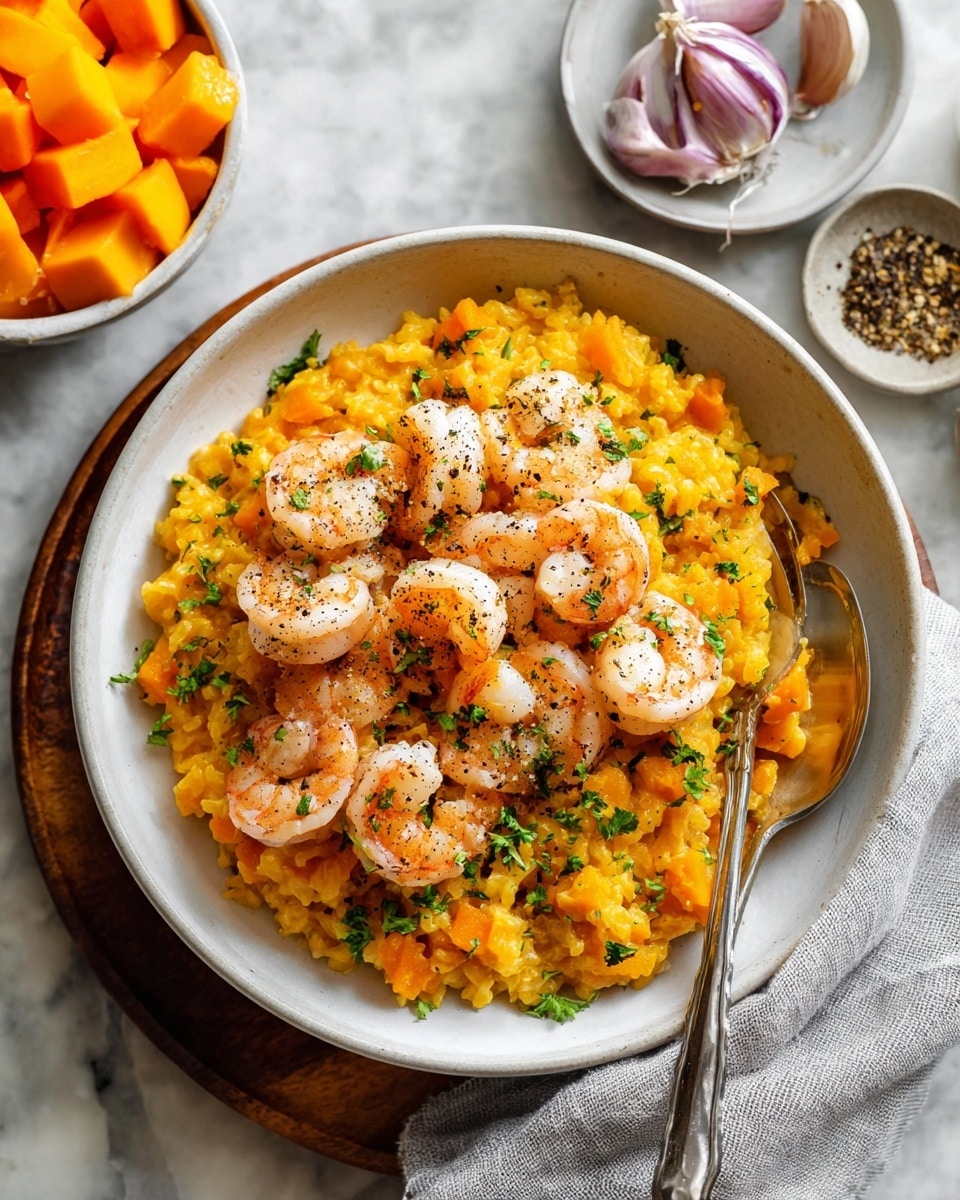 A white bowl filled with two layers is shown on a white marbled surface. The bottom layer is orange-yellow rice with a soft, slightly creamy texture and small pieces of orange vegetable mixed in. On top, there are several cooked shrimp arranged in a small pile, light pink with some browning and sprinkled with chopped green herbs and black pepper. A silver spoon is placed on the right side inside the bowl. Nearby, there is a small white bowl with bright orange cubed fruit and some garlic cloves scattered around. photo taken with an iphone --ar 4:5 --v 7