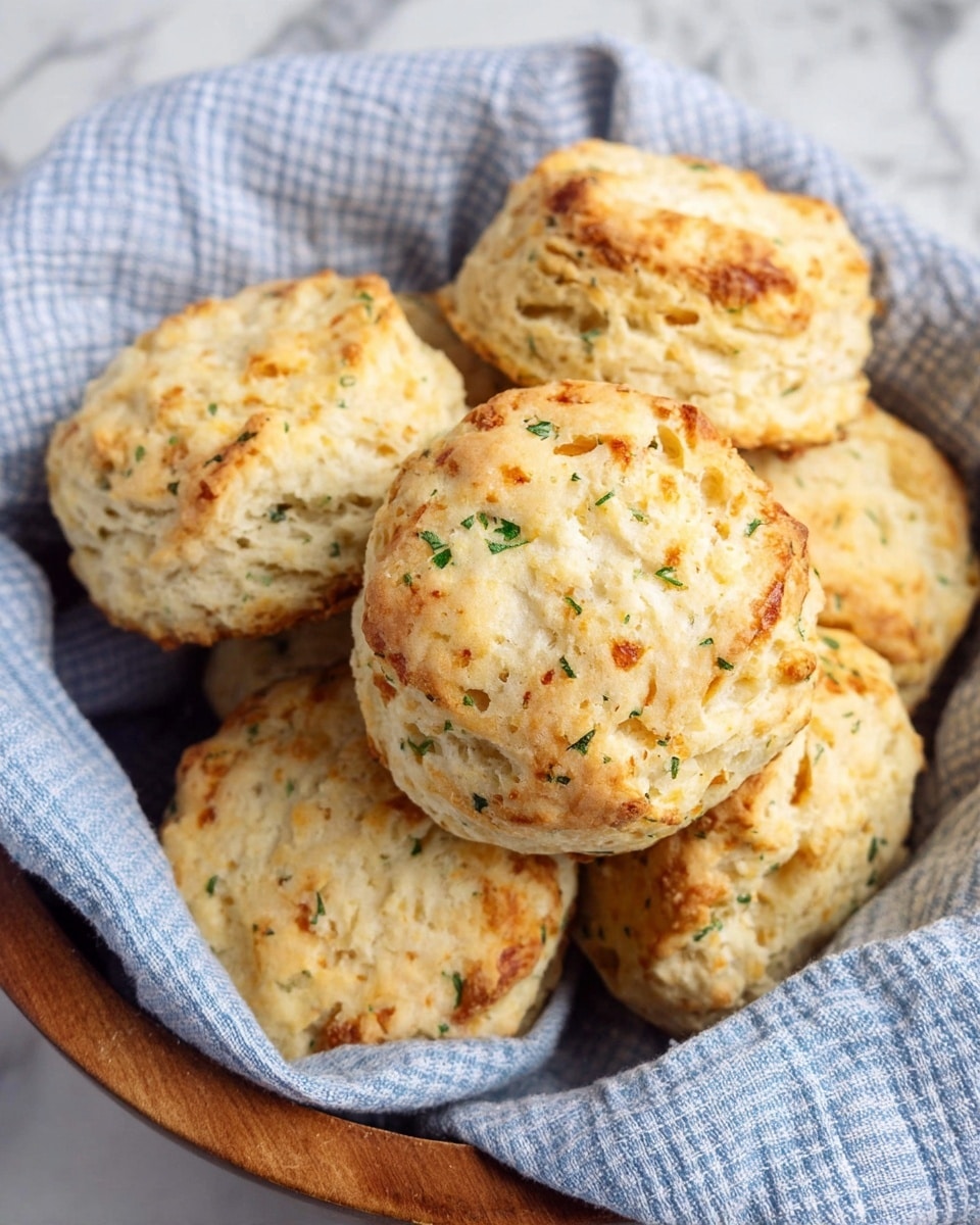 A wooden bowl lined with a blue and white checked cloth holds six round biscuits with rough, slightly cracked surfaces. Each biscuit is light golden brown with small green herb bits visible throughout. The biscuits have a soft, layered texture with gentle browning on top and edges, showing a fluffy inside. The background is a white marbled texture photo taken with an iphone --ar 4:5 --v 7